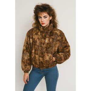 vintage 90s 100% SILK BOMBER JACKET puffer animal print zip up outerwear XL